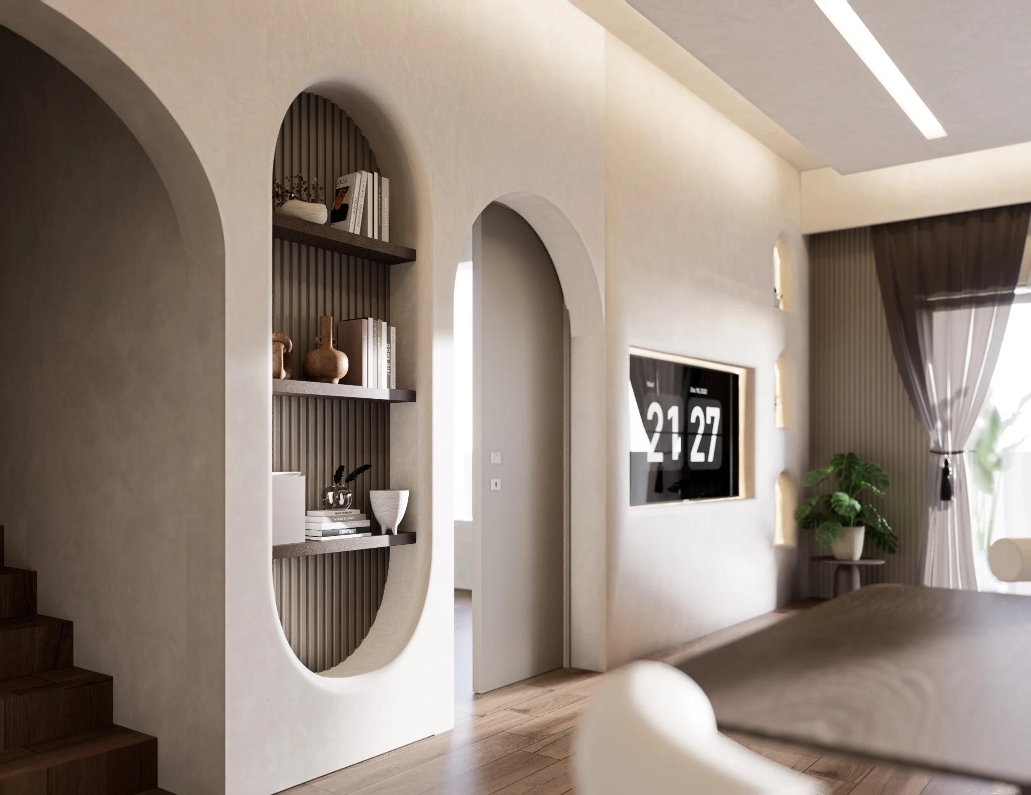 Arched shelving and television wall concept