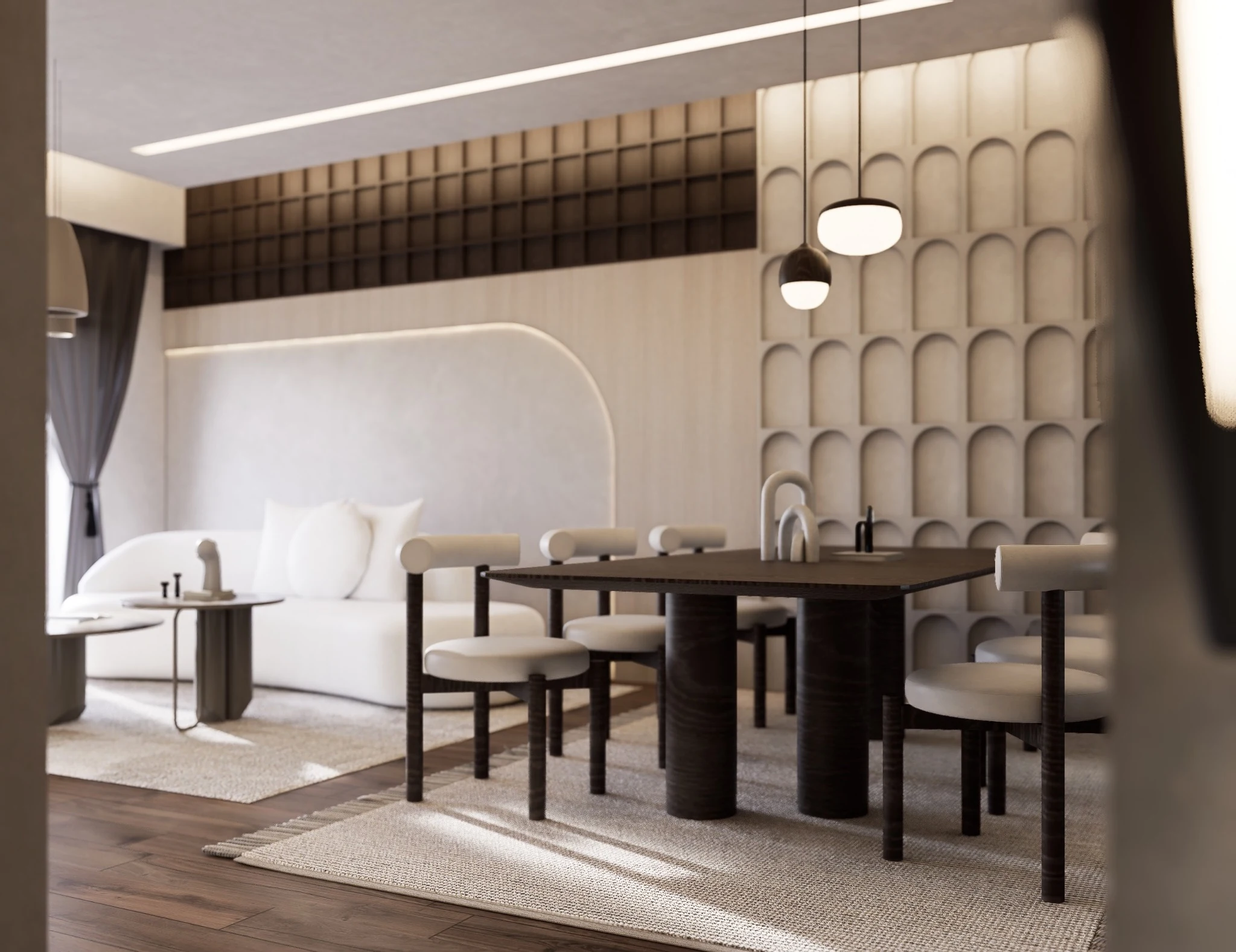 Soft neutral living and dining interior concept with sculpted wall details
