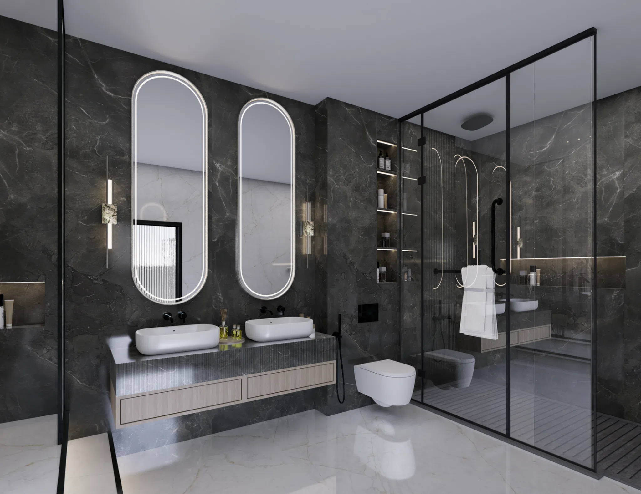 Black stone bathroom with twin illuminated mirrors