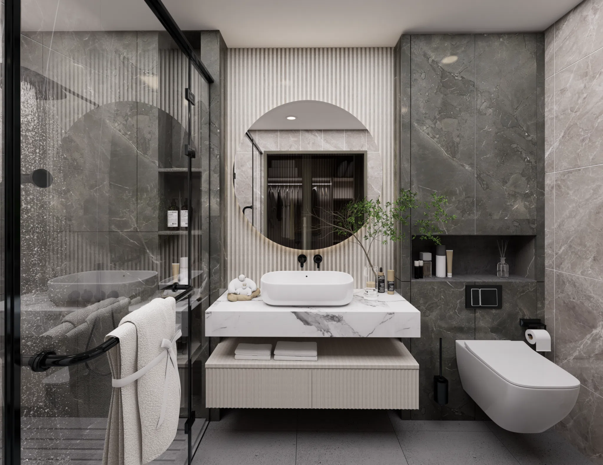 Grey stone bathroom with ribbed wall and rounded mirror