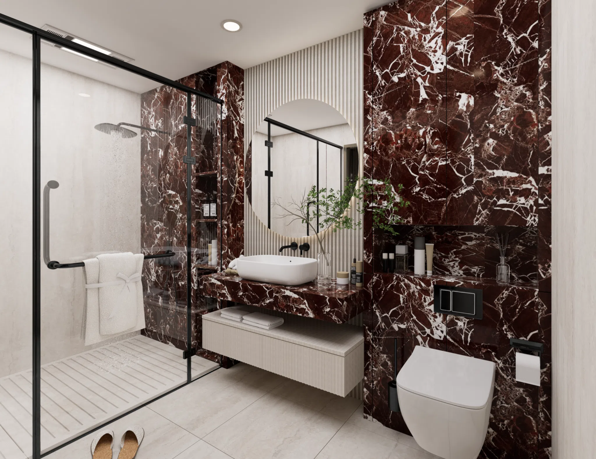 Red marble bathroom with integrated vanity and shower