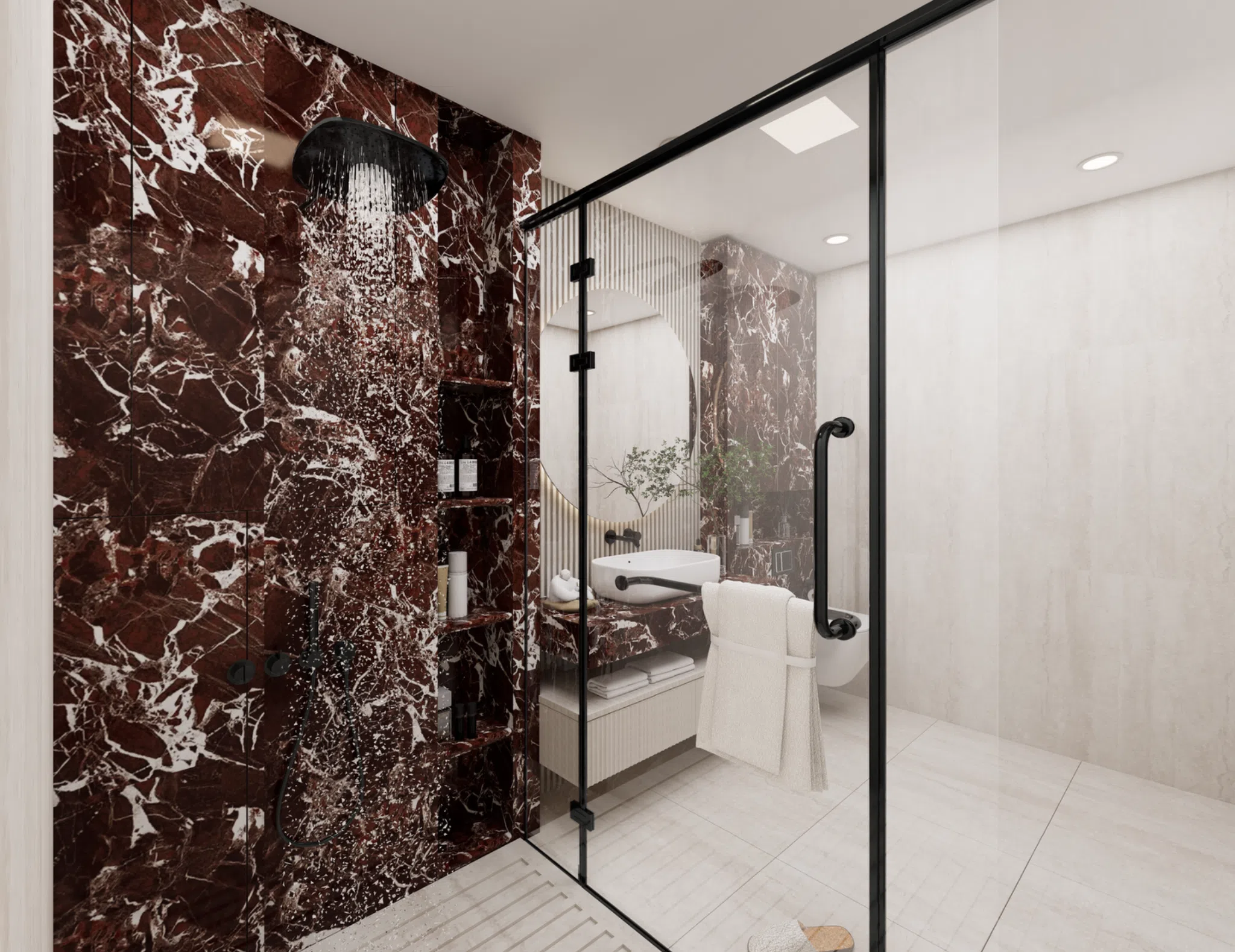 Red marble shower wall and clear glass enclosure
