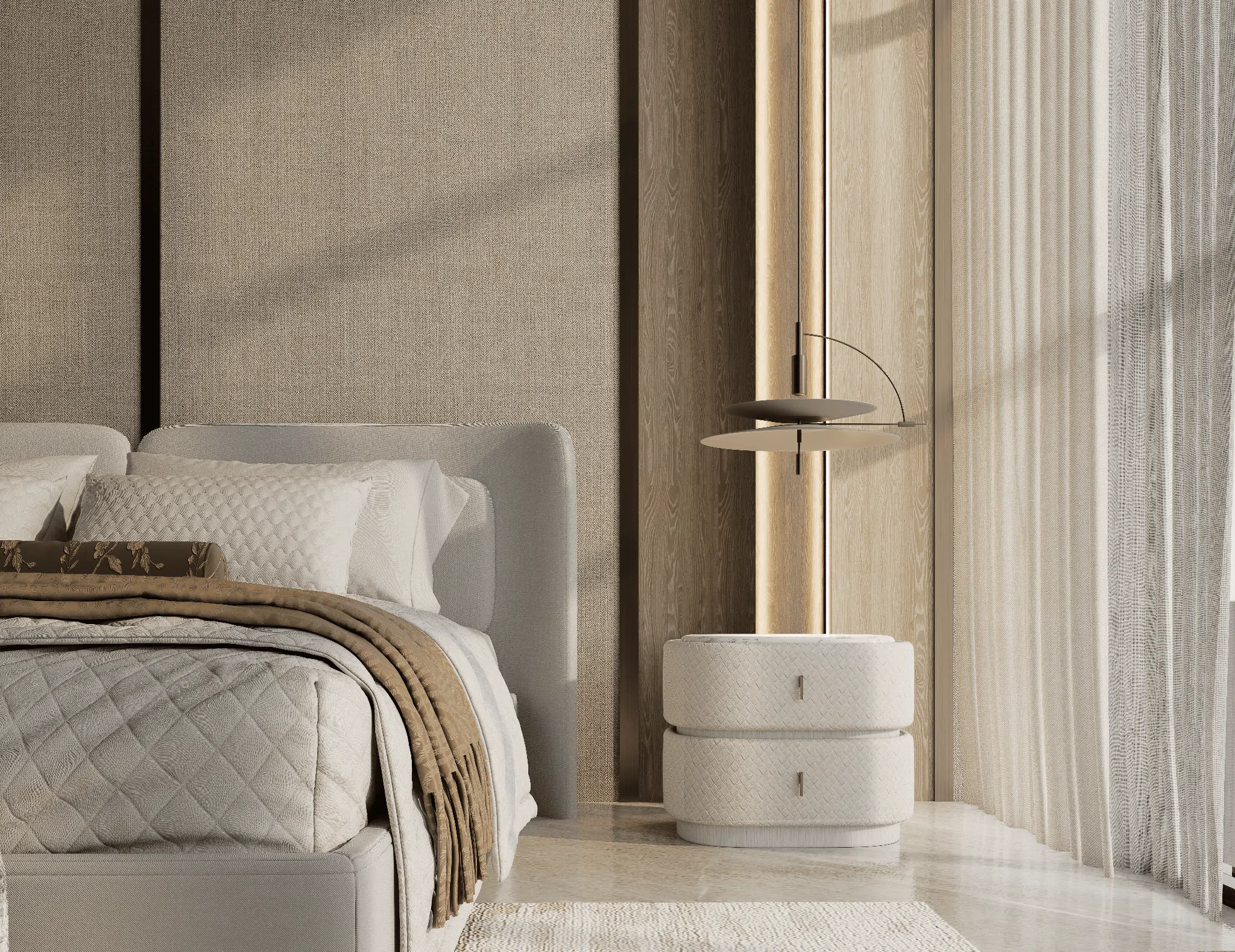 Layered bedside composition with curved cabinet and pendant