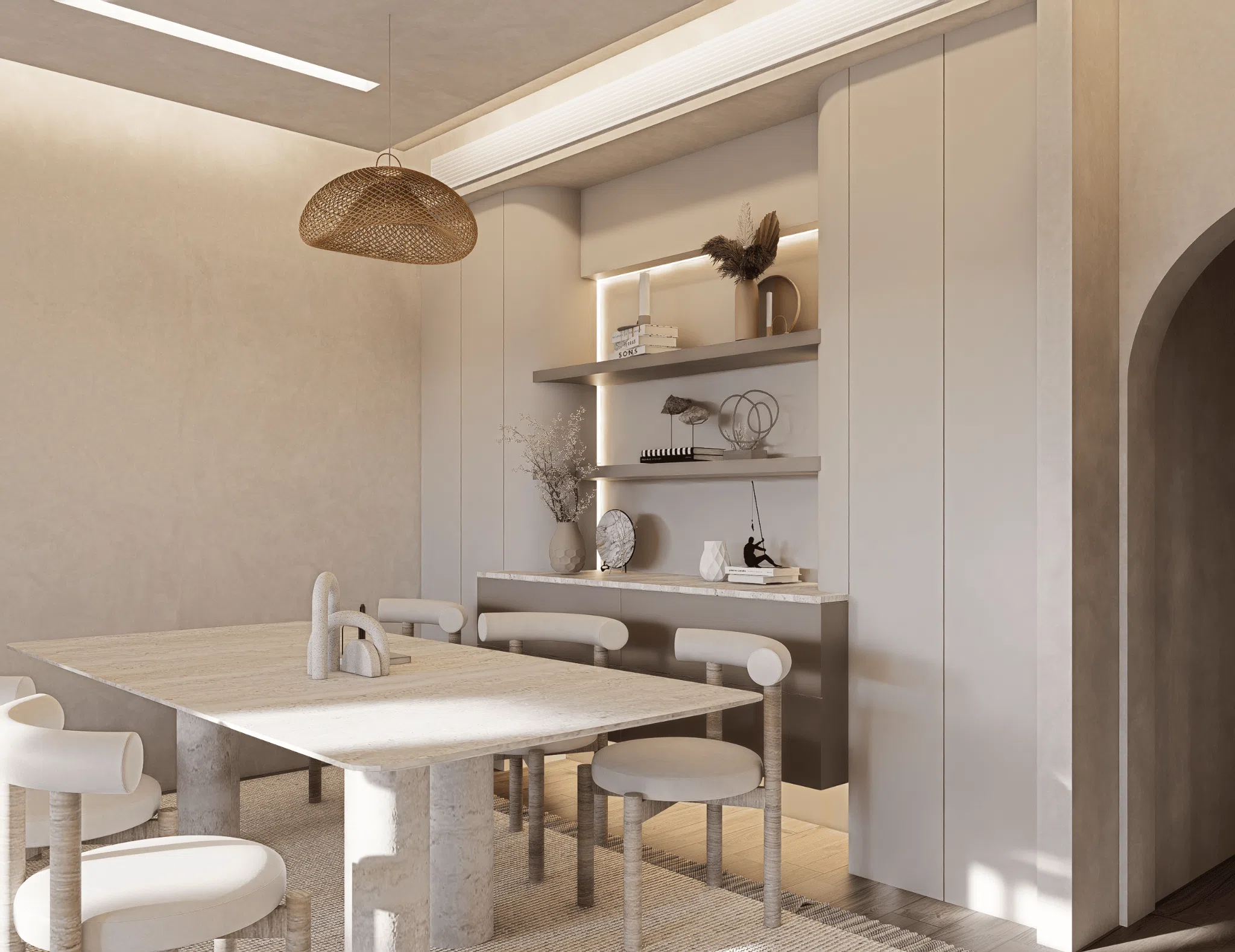 Dining room shelving and concealed storage wall