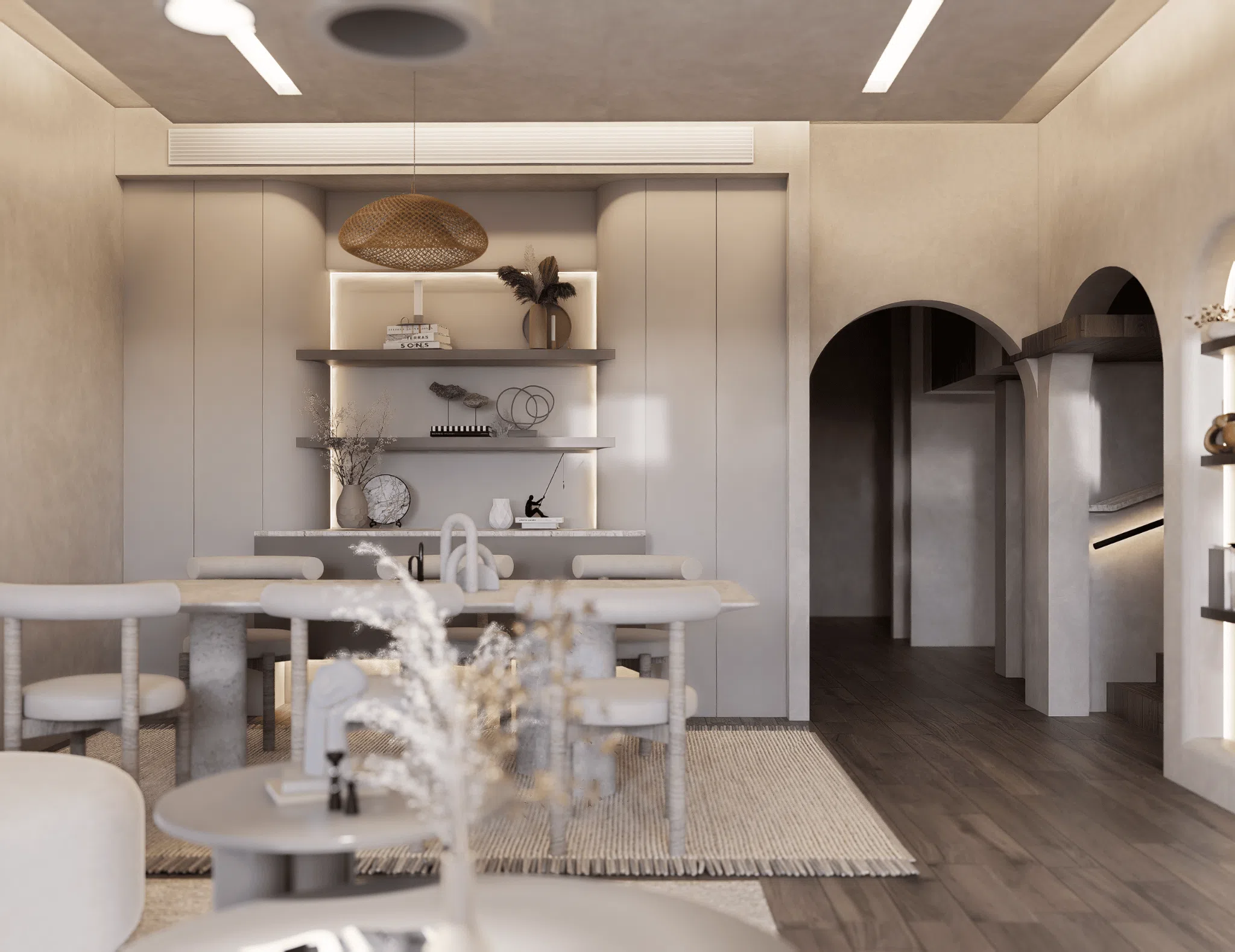 Dining joinery with illuminated display shelves and arched circulation