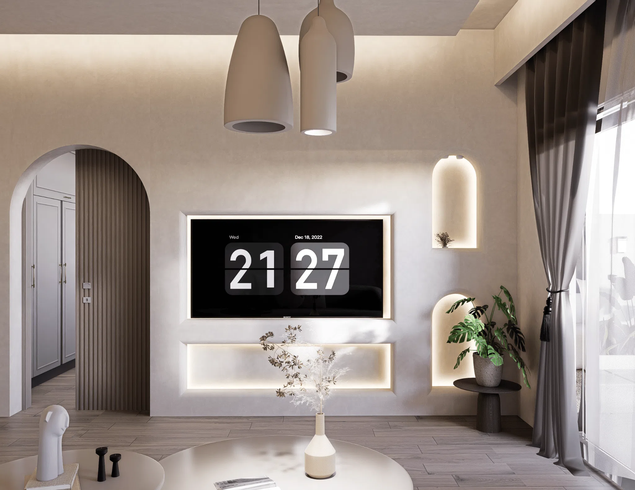 Integrated television wall with illuminated arched niches