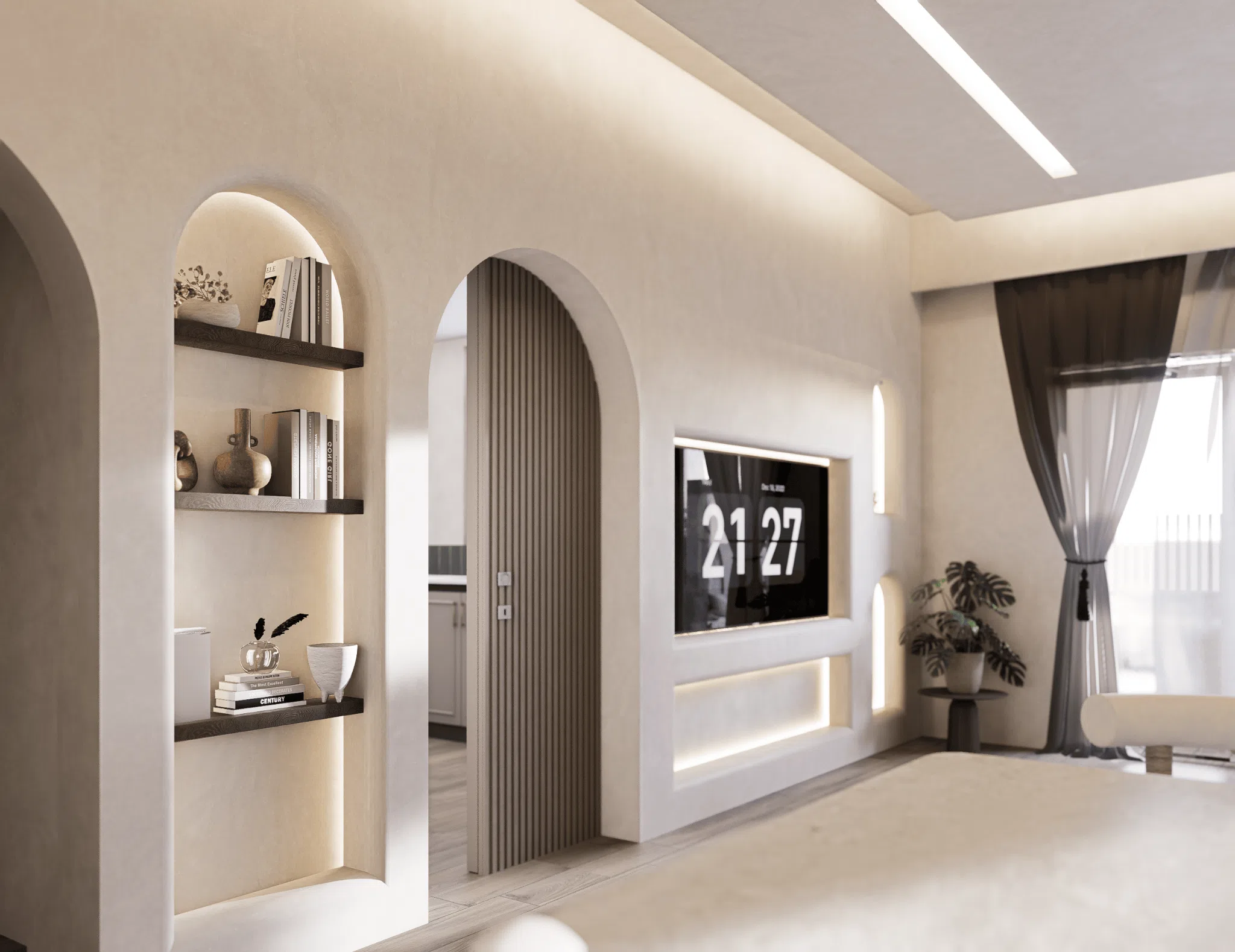Warm plaster television wall and arched shelving