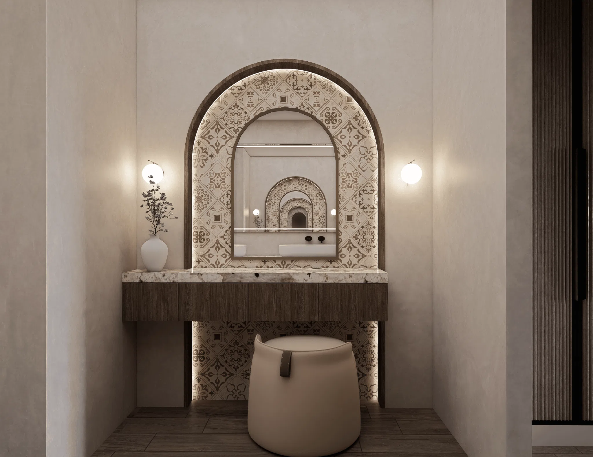 Patterned tile arched vanity with integrated backlighting