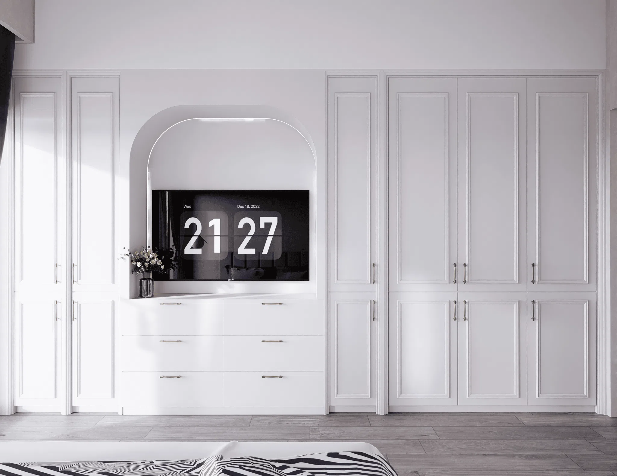 Classical white wardrobe and integrated television joinery