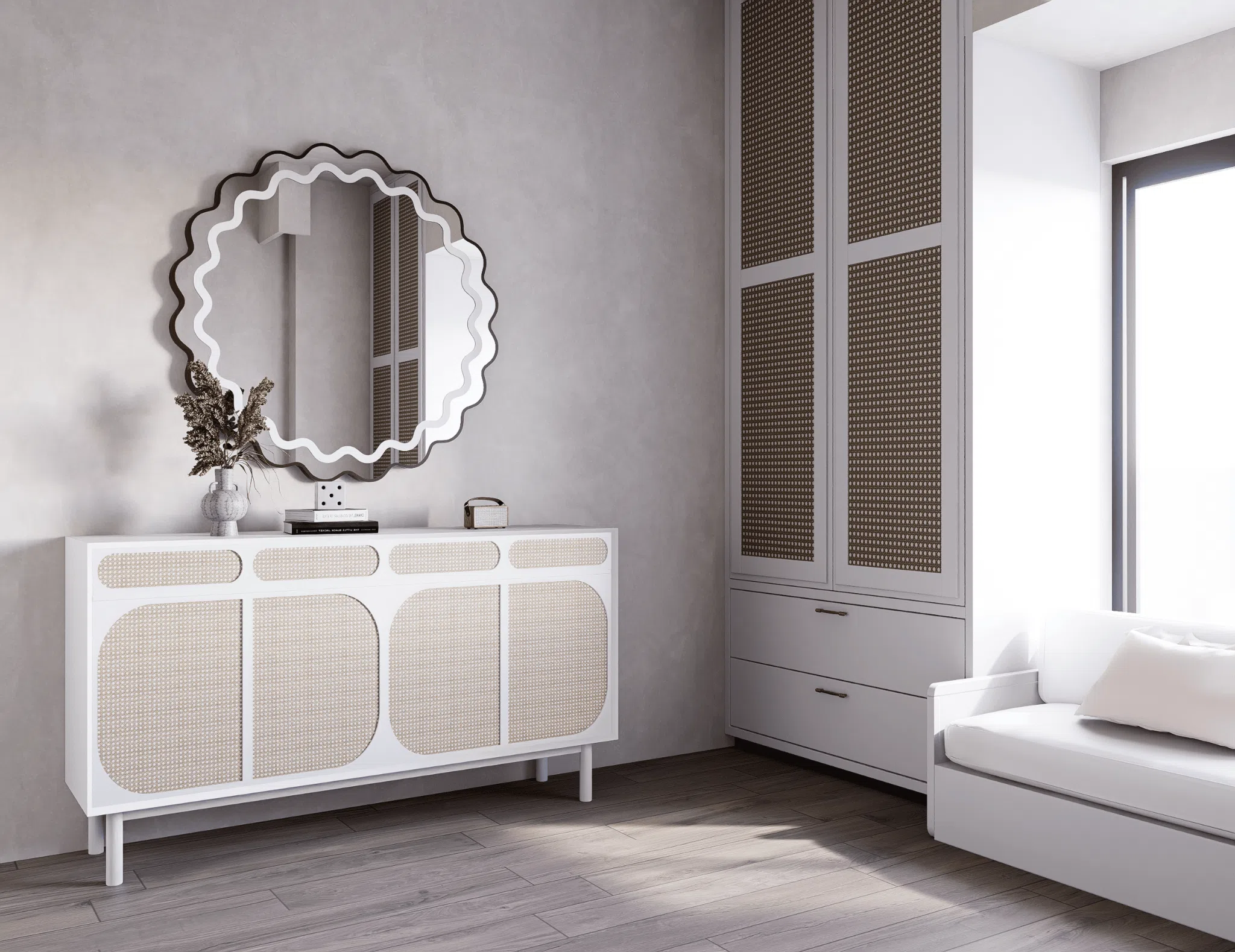 White cane-front cabinet and shaped illuminated mirror