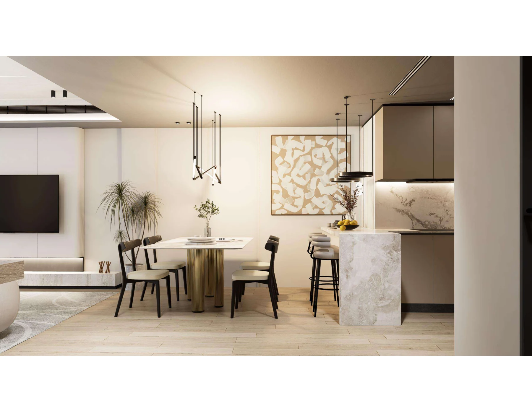 Warm contemporary apartment concept with marble island and dining area