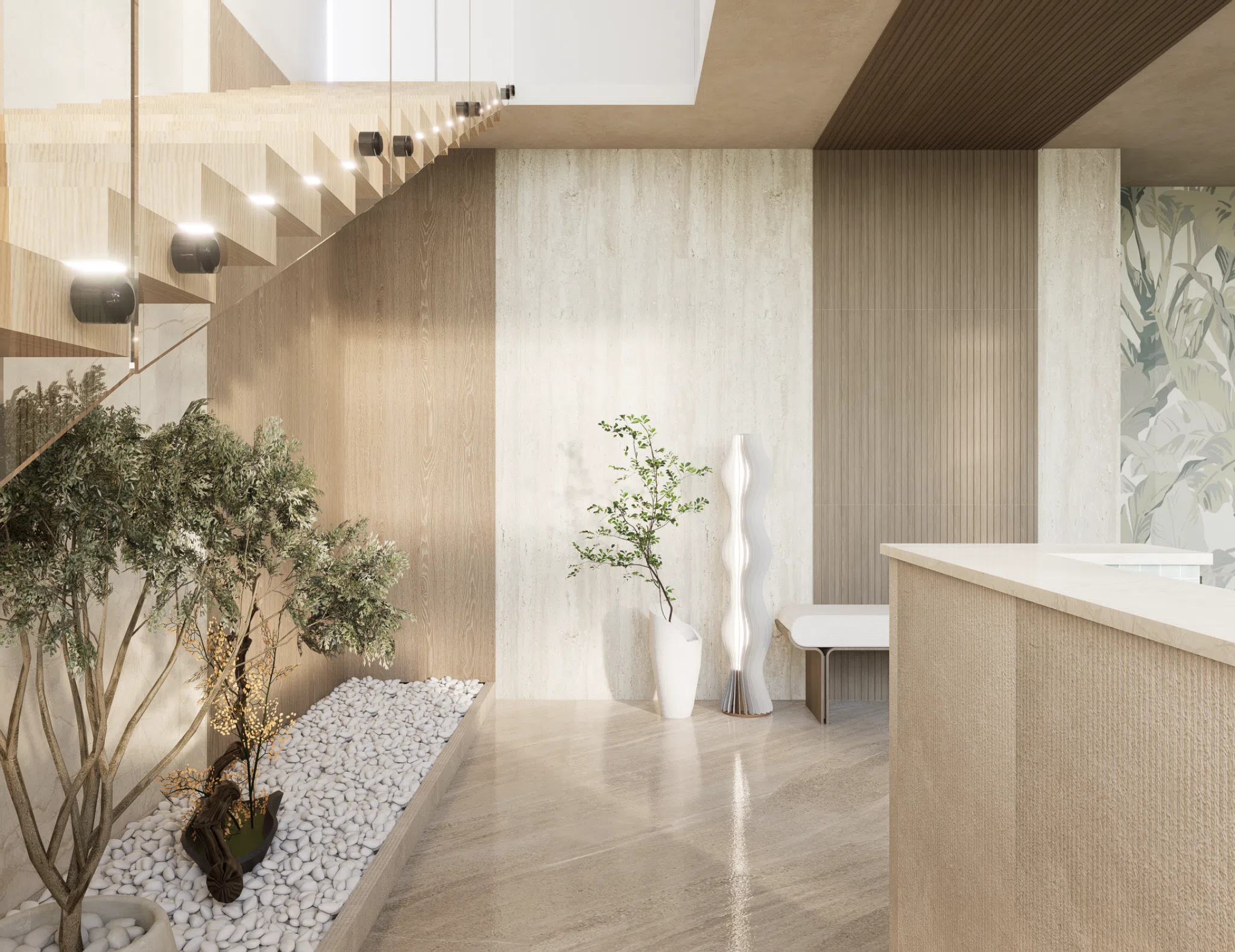 Quiet landscaped atrium with stone, timber and integrated seating