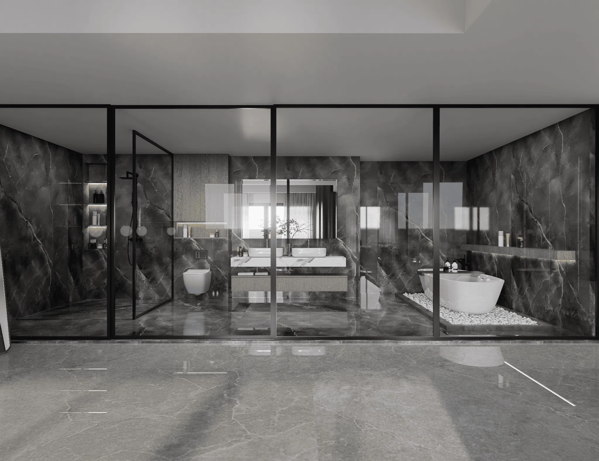 Black stone bathroom viewed through full-height glazing