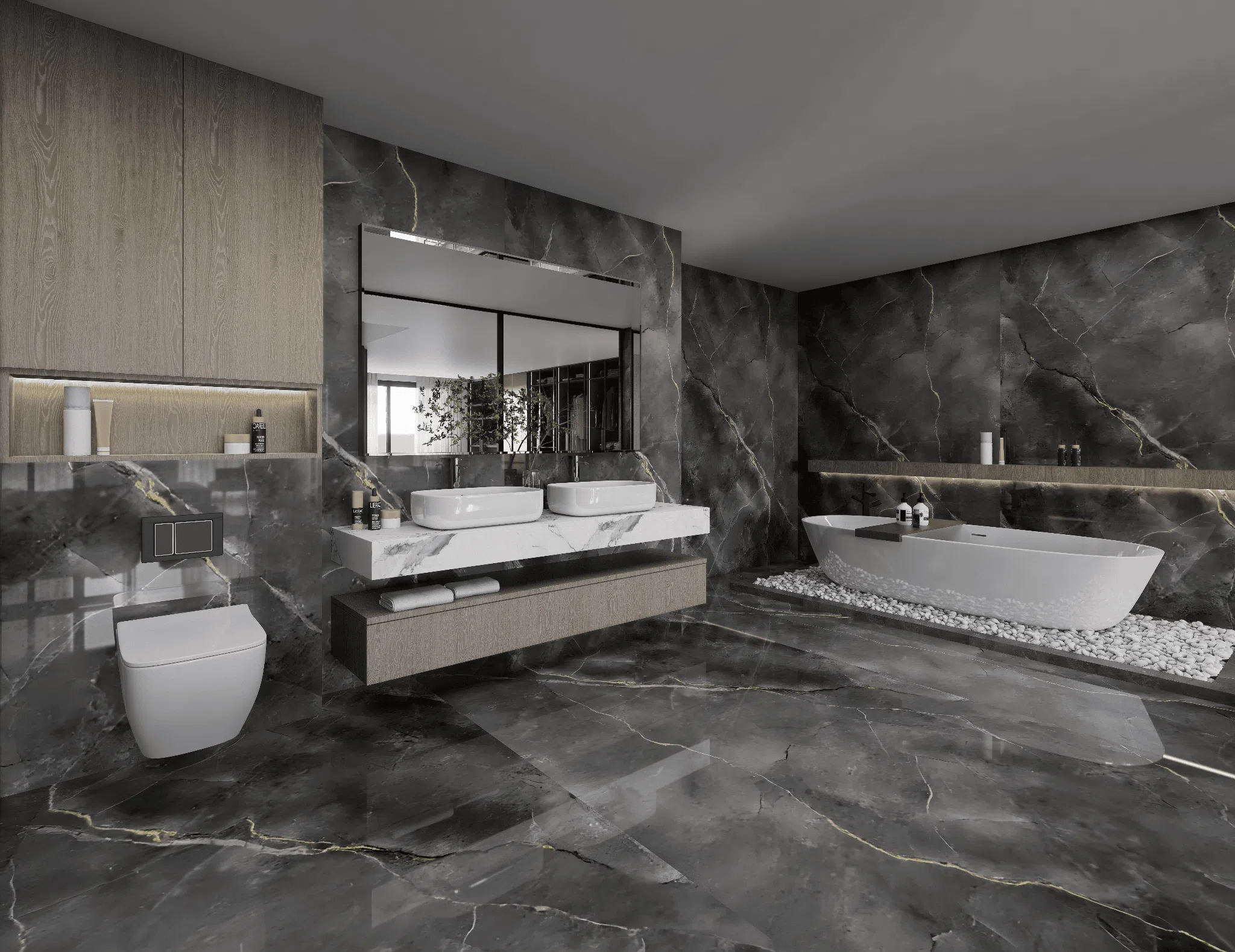 Dark marble bathroom concept with double vanity and freestanding bath