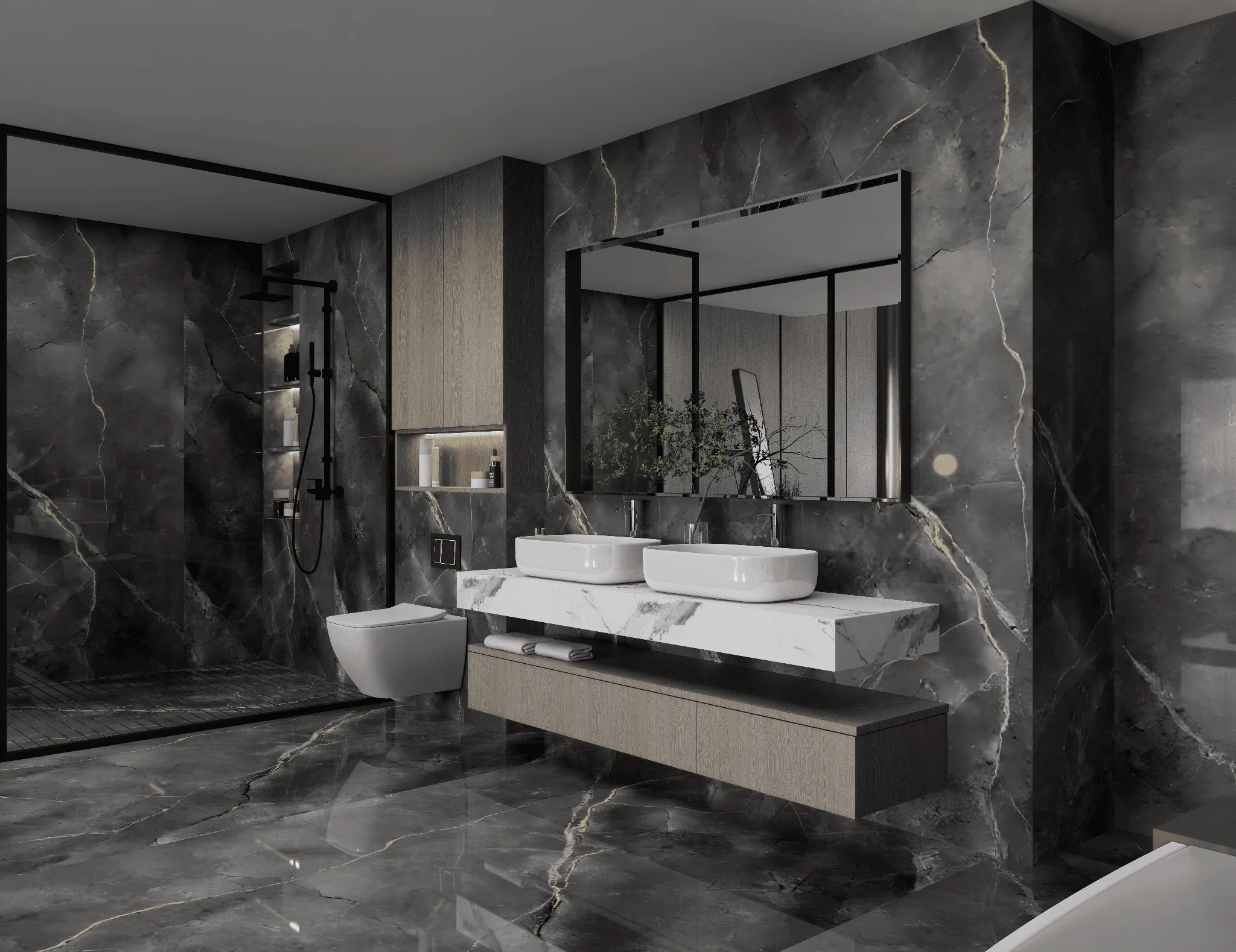 Floating double vanity in a dark marble bathroom