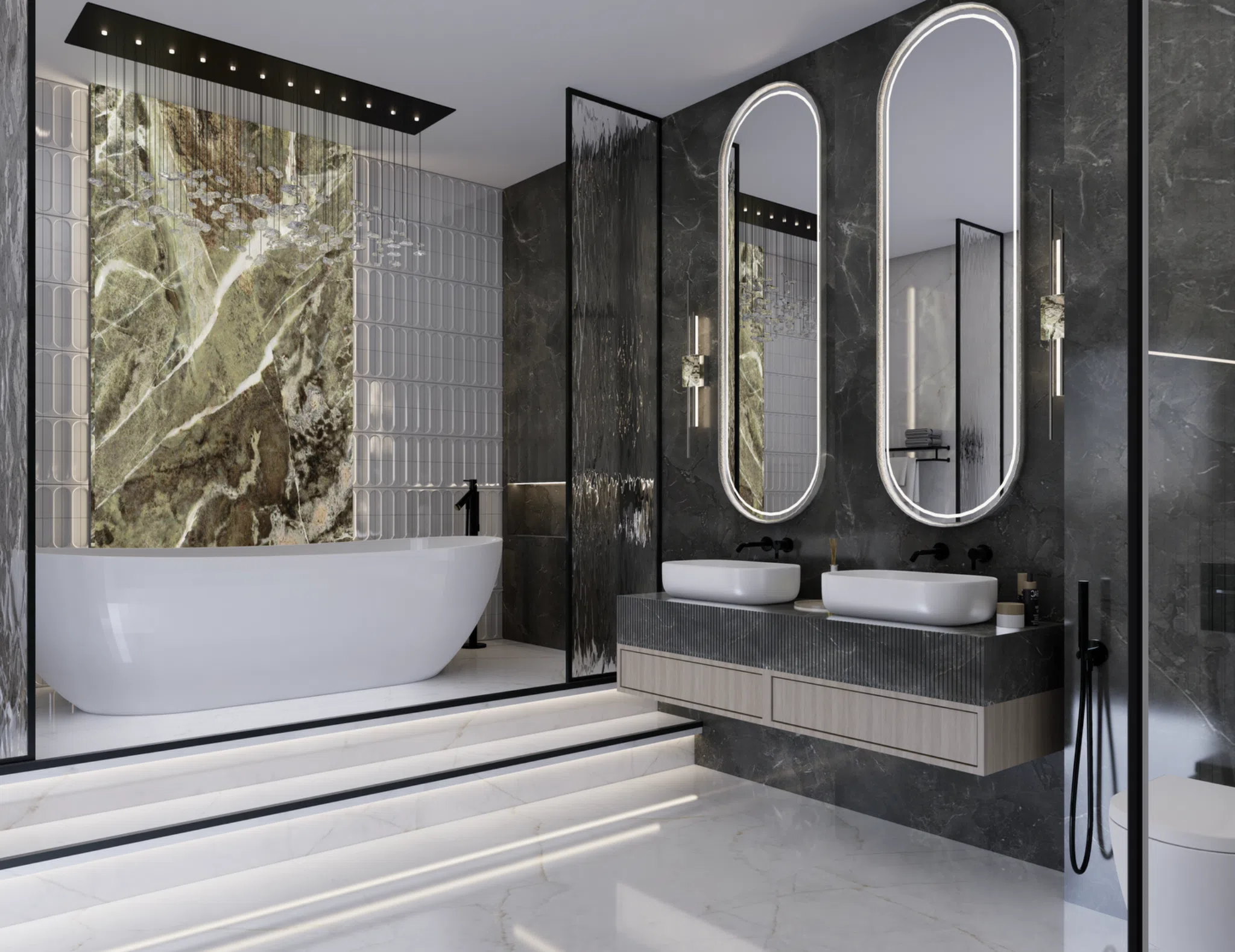 Bathroom with twin illuminated mirrors and glass shower