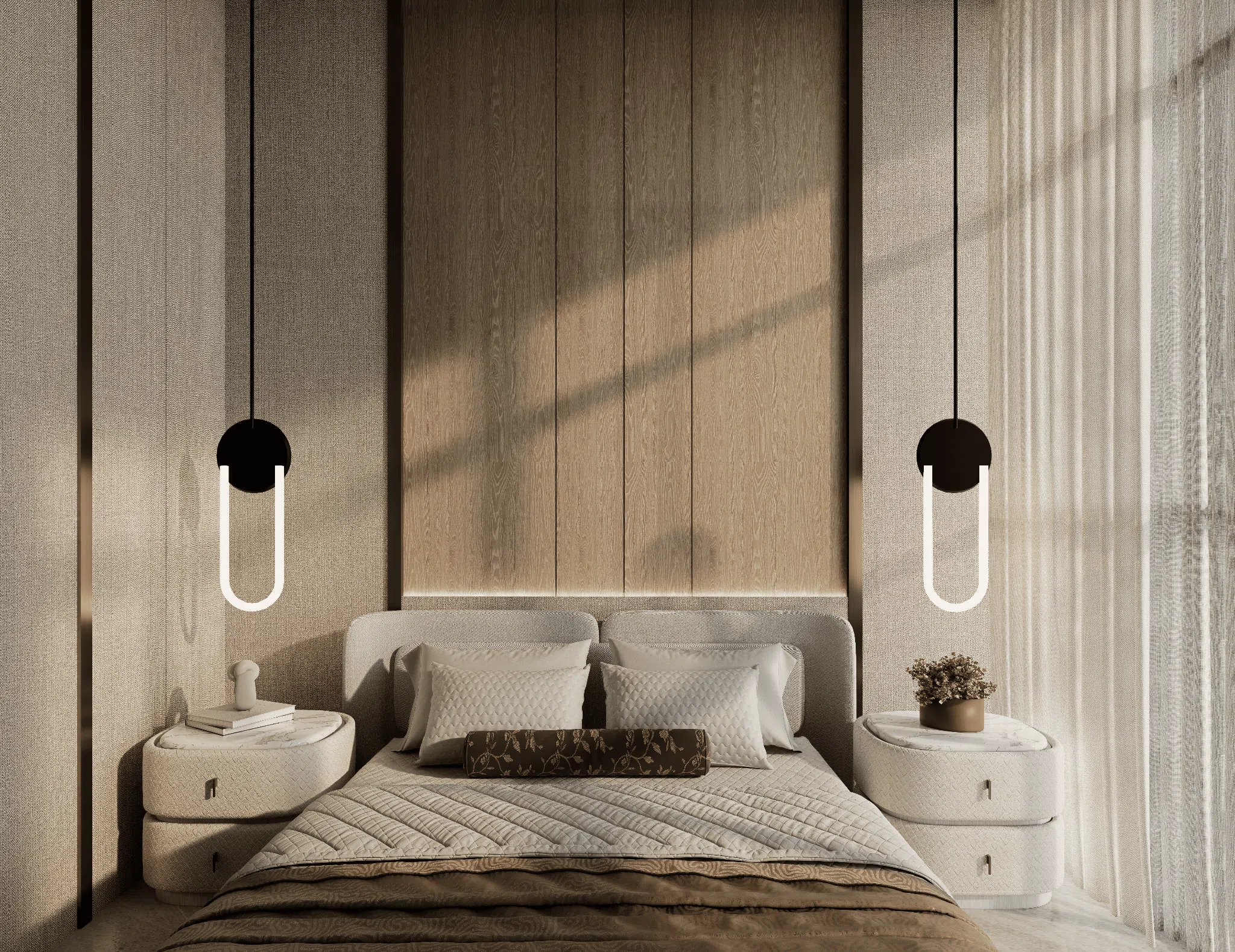 Layered bedroom backboard with integrated pendant lighting