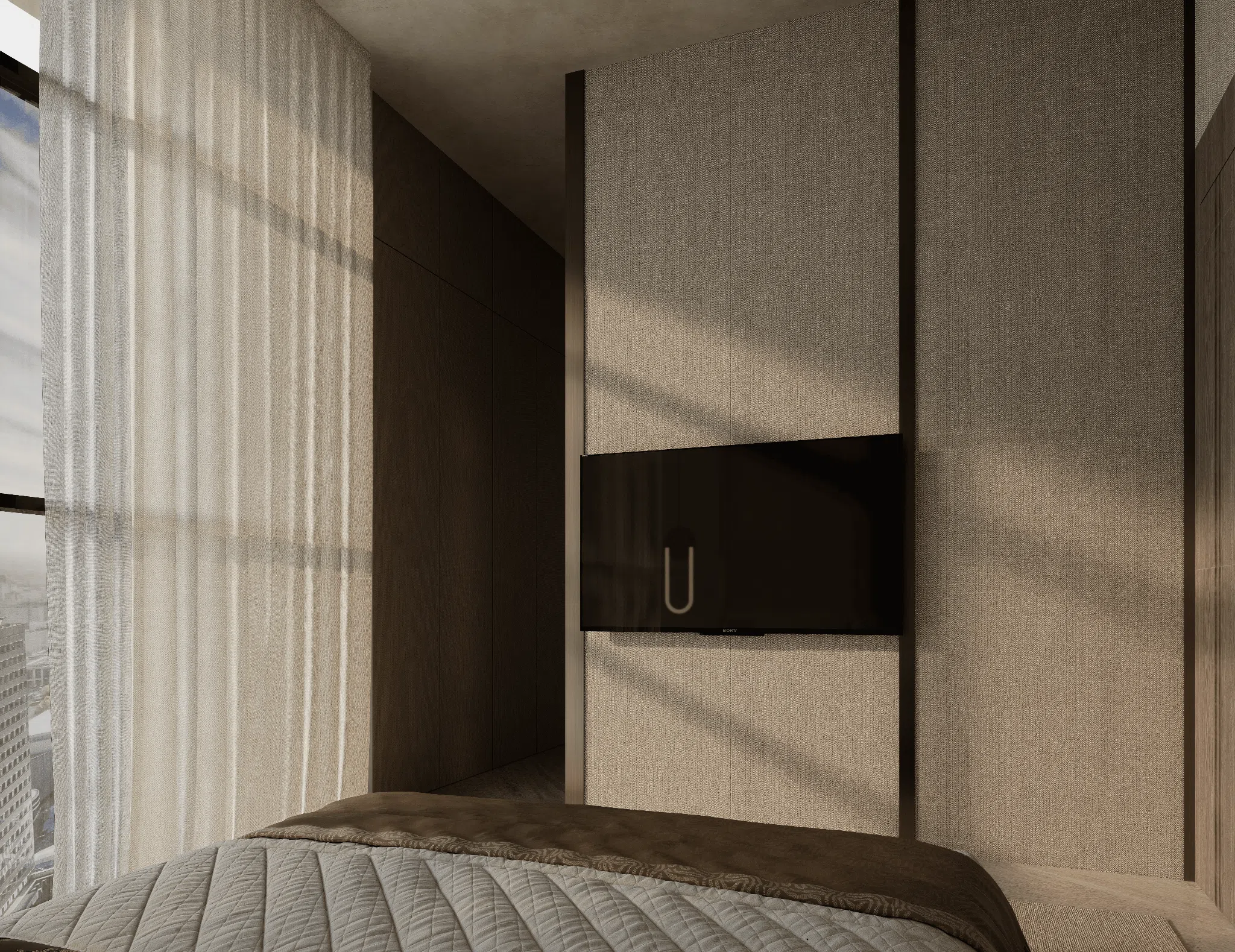 Integrated television wall opposite the principal bed