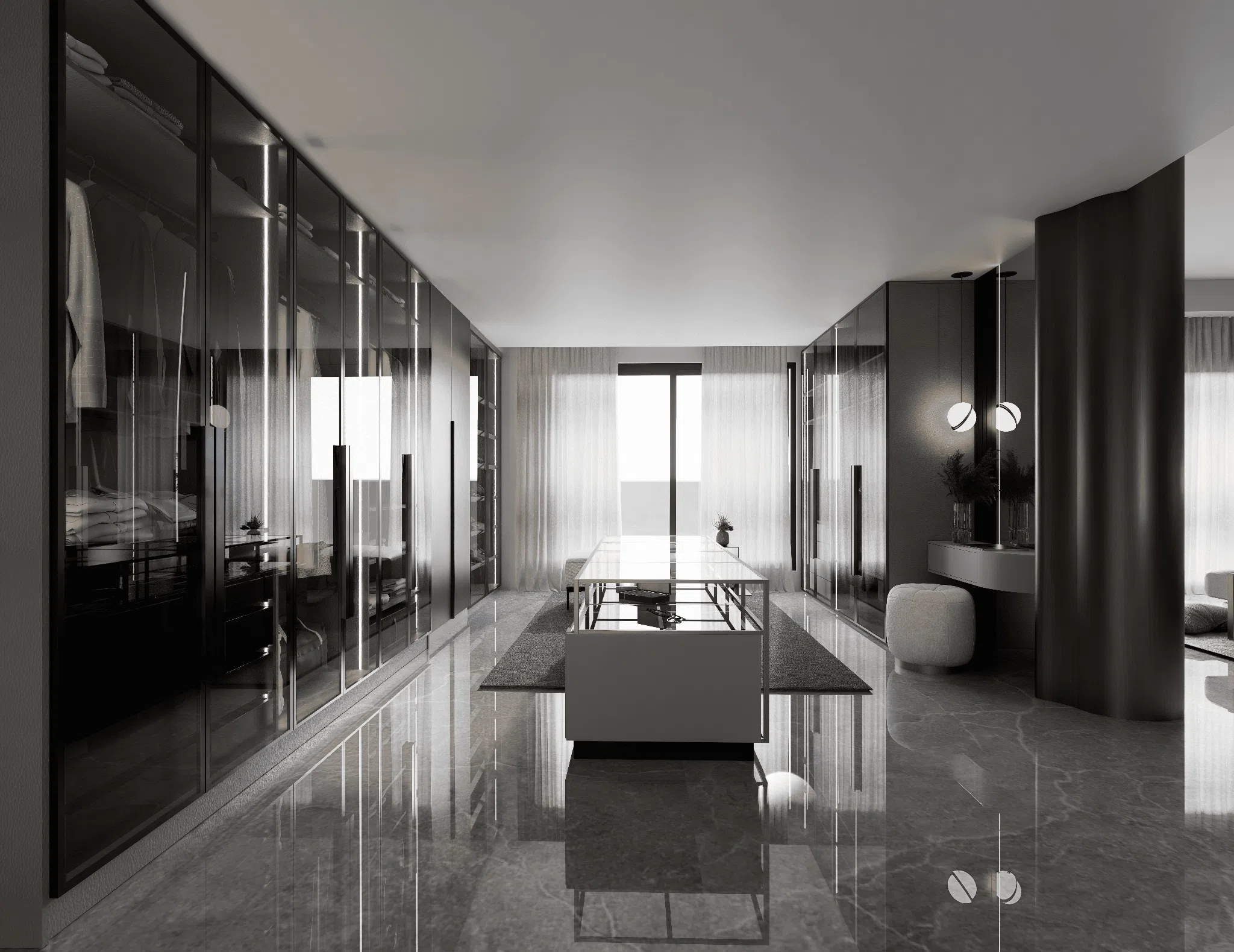 Glazed dressing room with central display island