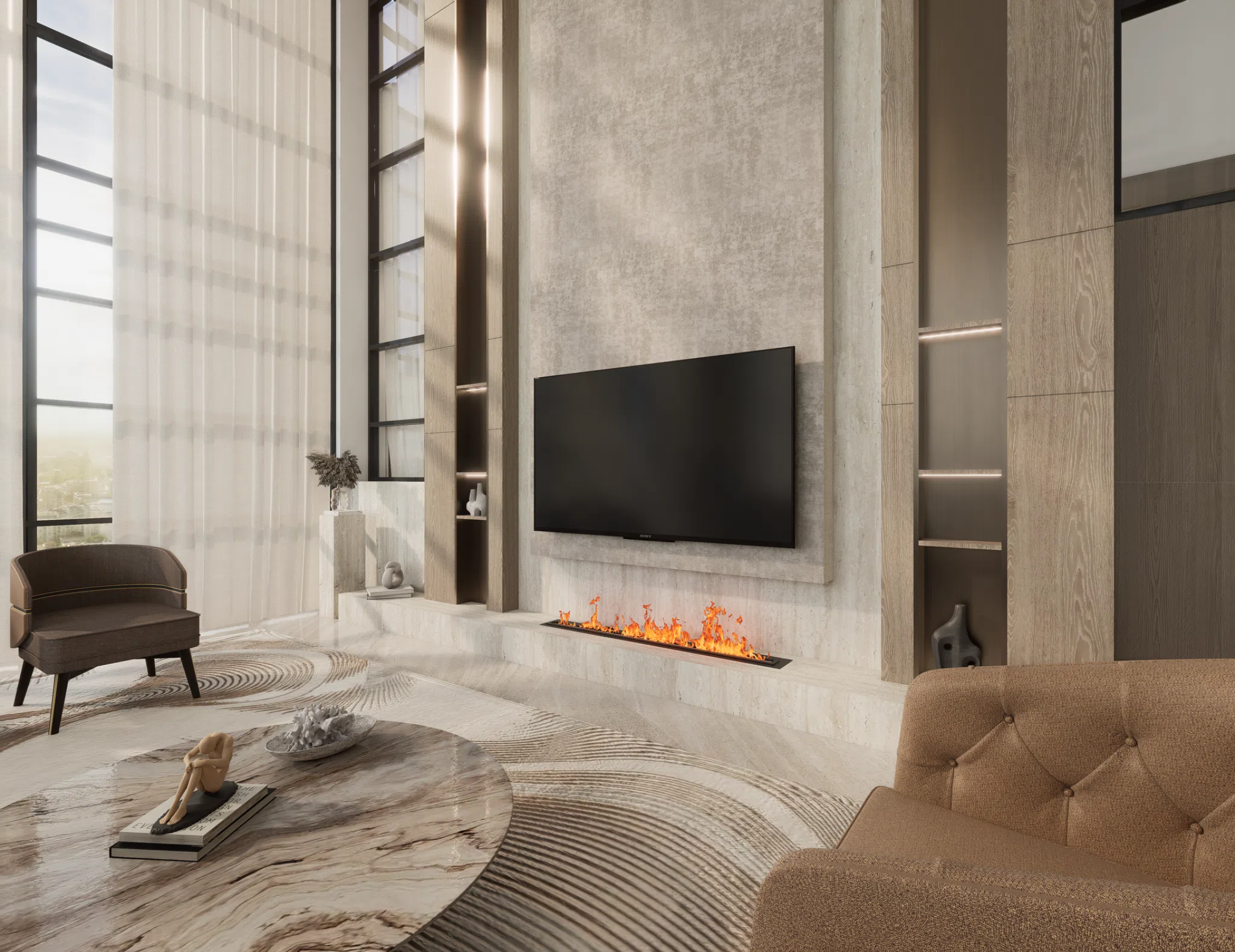 Double-height stone television and fireplace feature wall