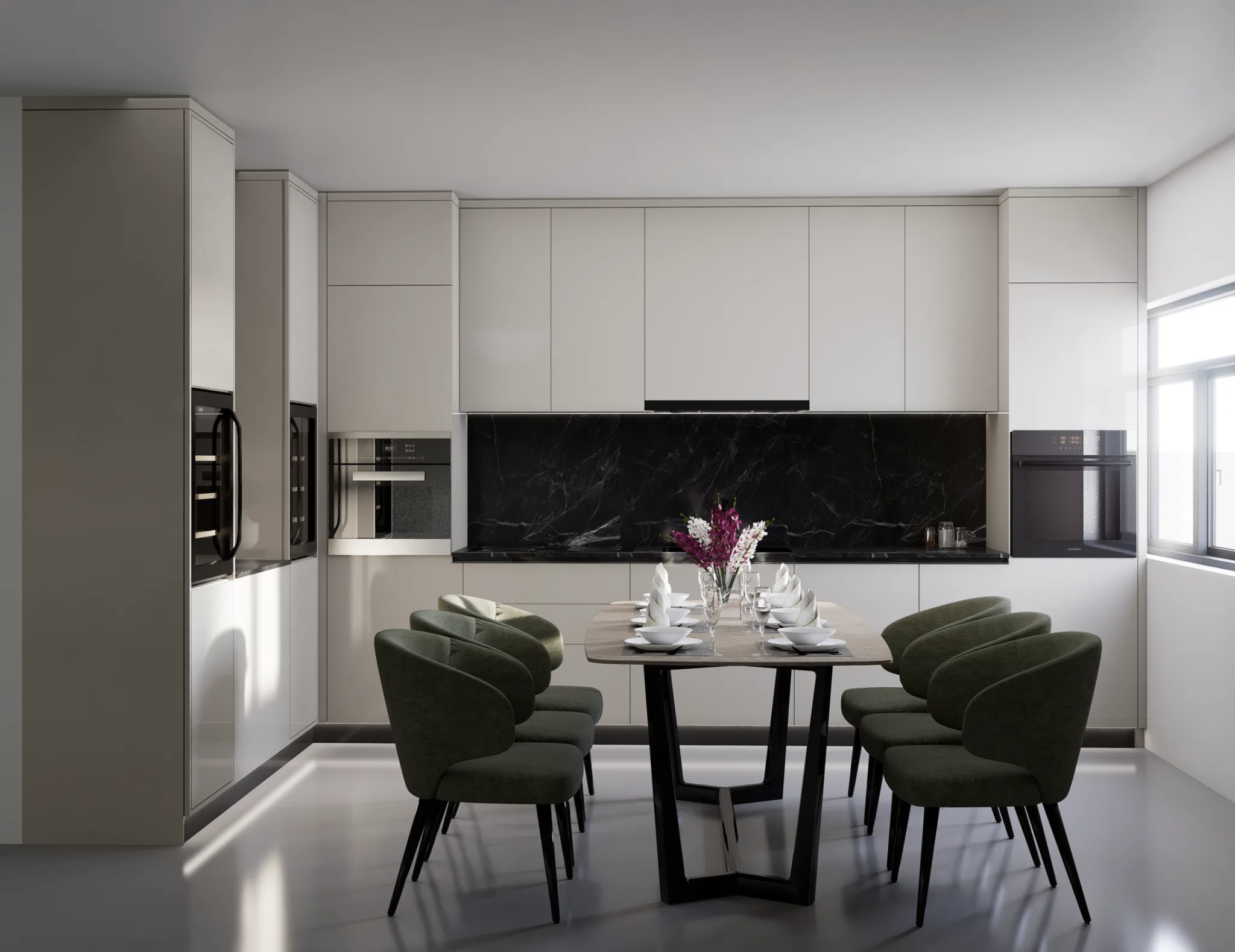 Contemporary kitchen and dining space with black stone backsplash