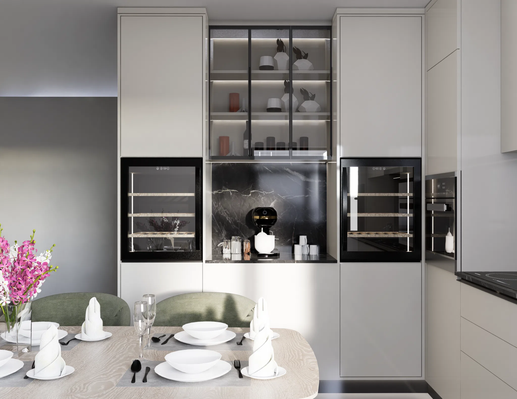 Integrated appliance and coffee wall beside the dining area
