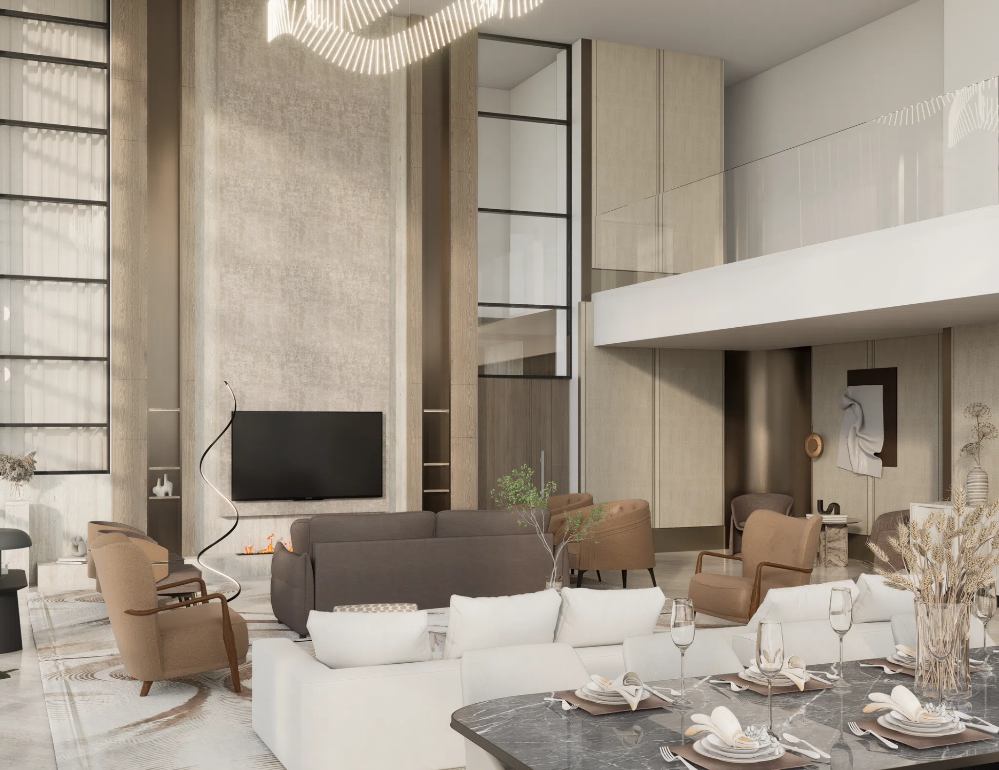 Double-height villa living and dining concept