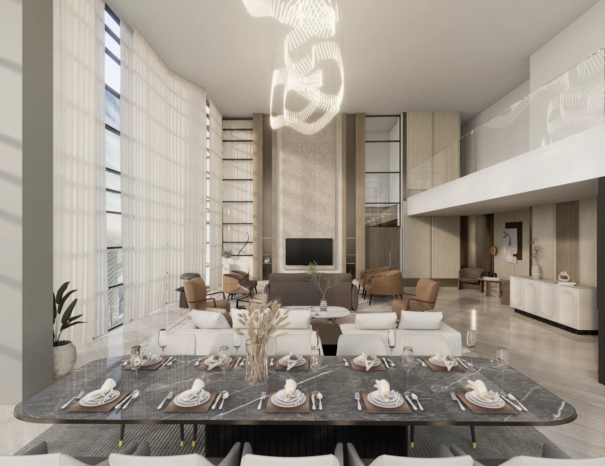 Formal dining and living room viewed across the central table