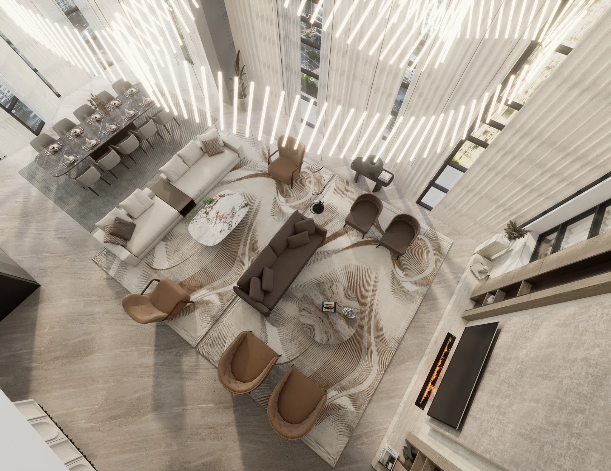 Overhead view of the double-height entertaining space