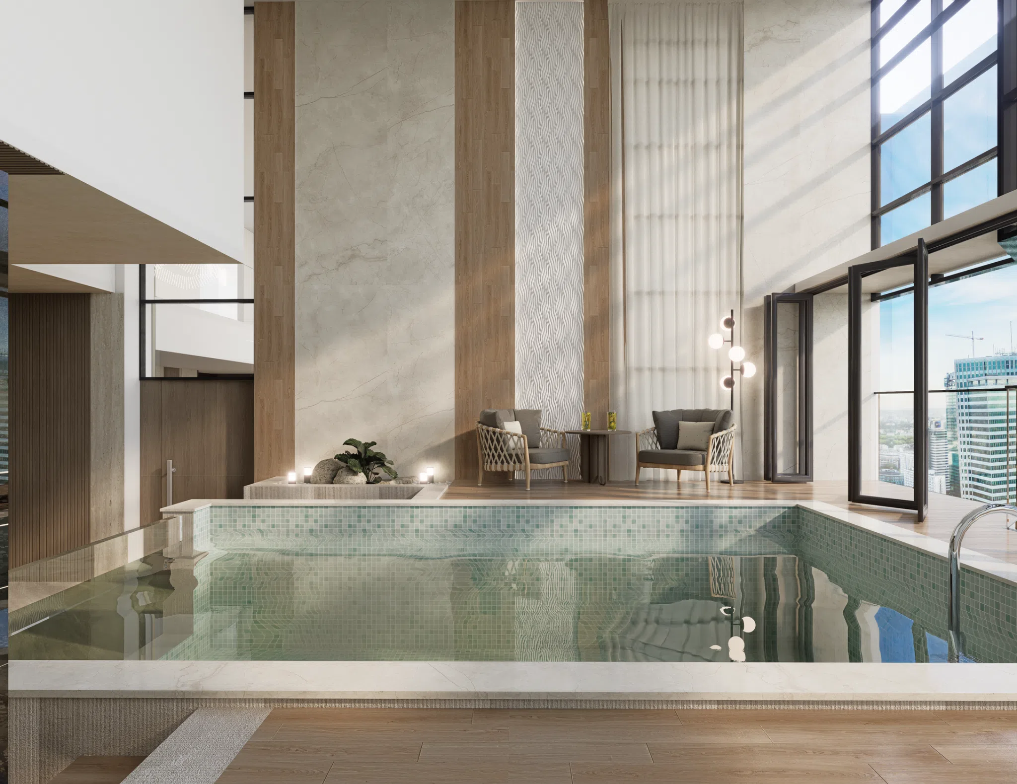 Indoor pool with double-height glazing and elevated seating
