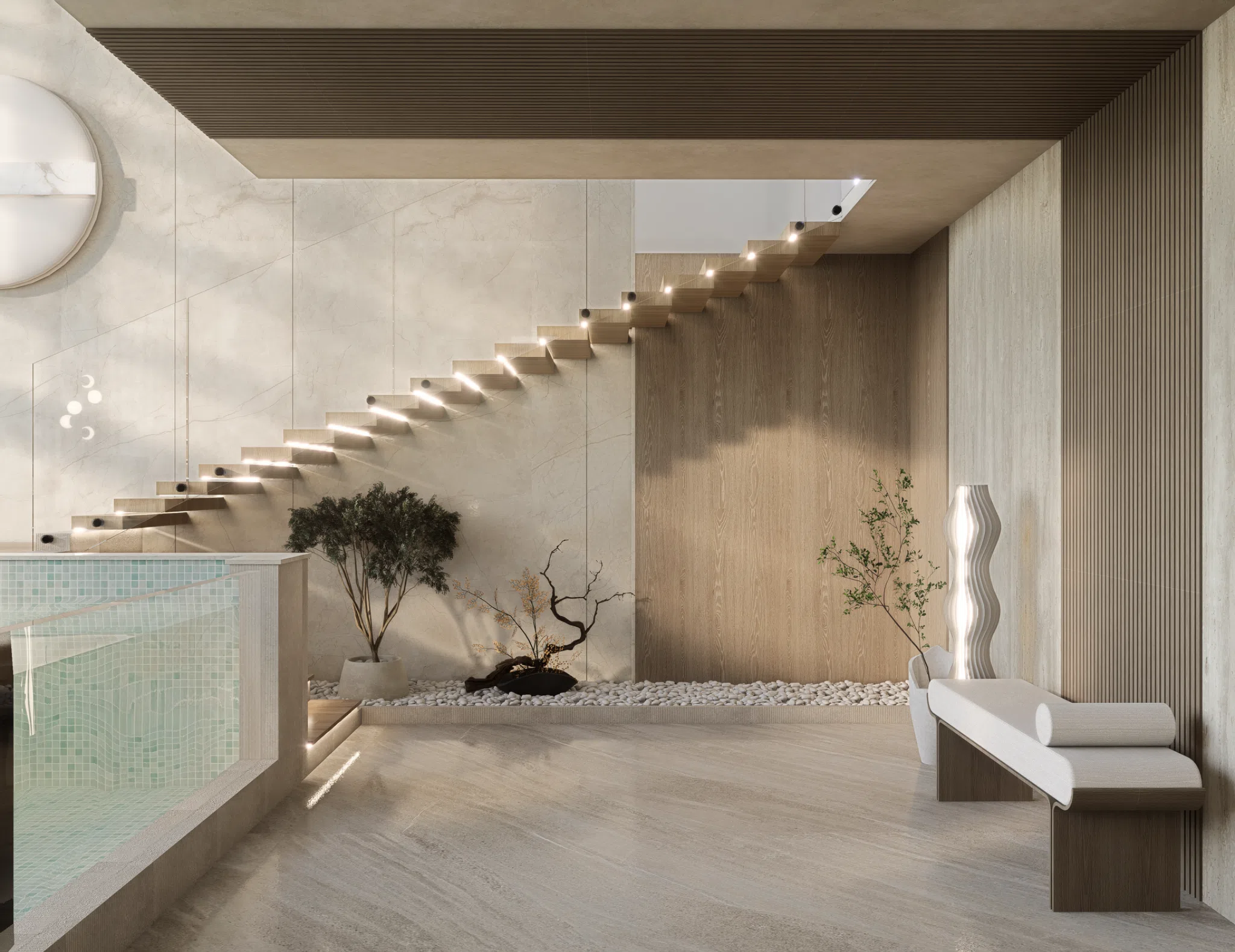 Landscaped wellness level with pool and sculptural stair