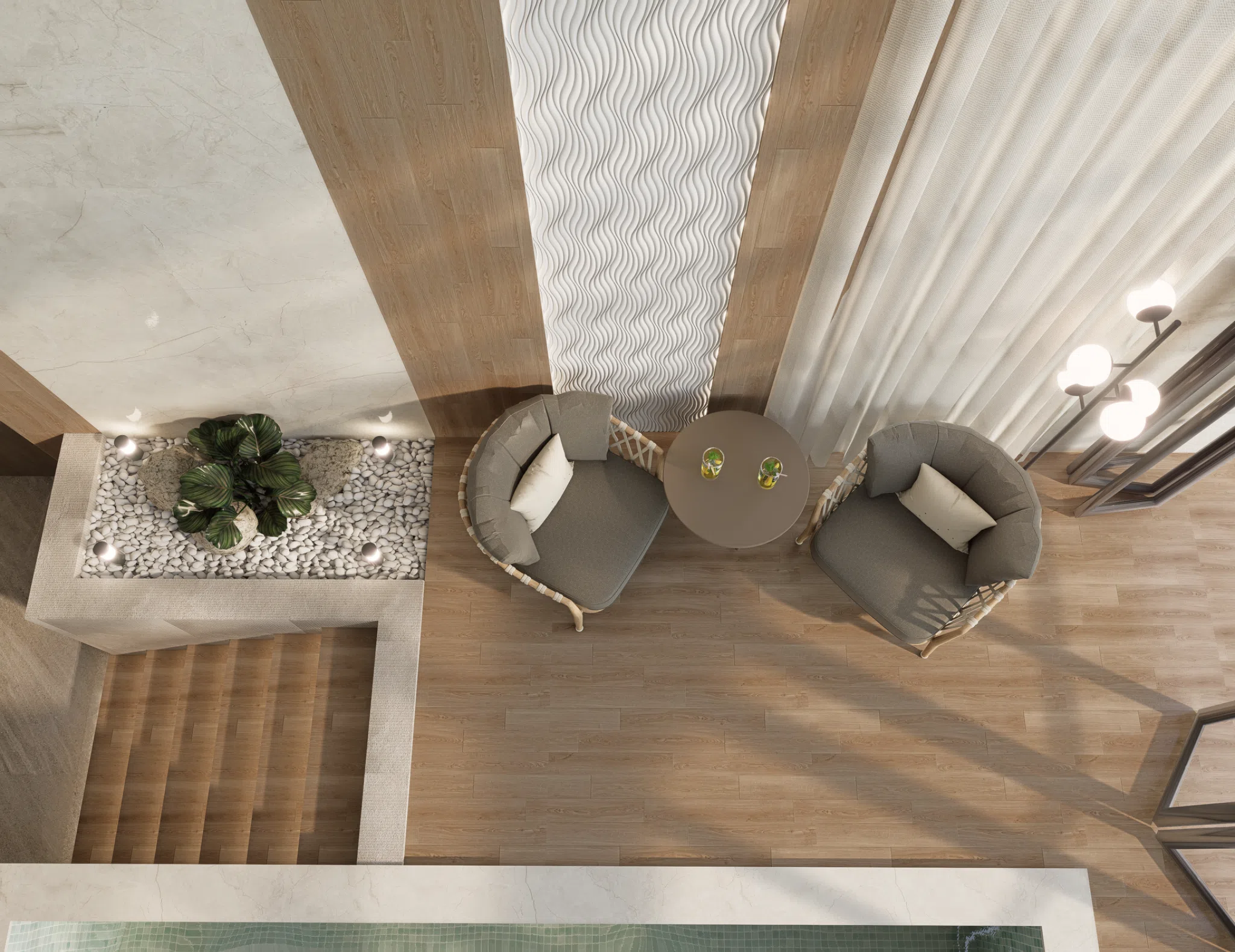 Upper seating platform overlooking the indoor pool