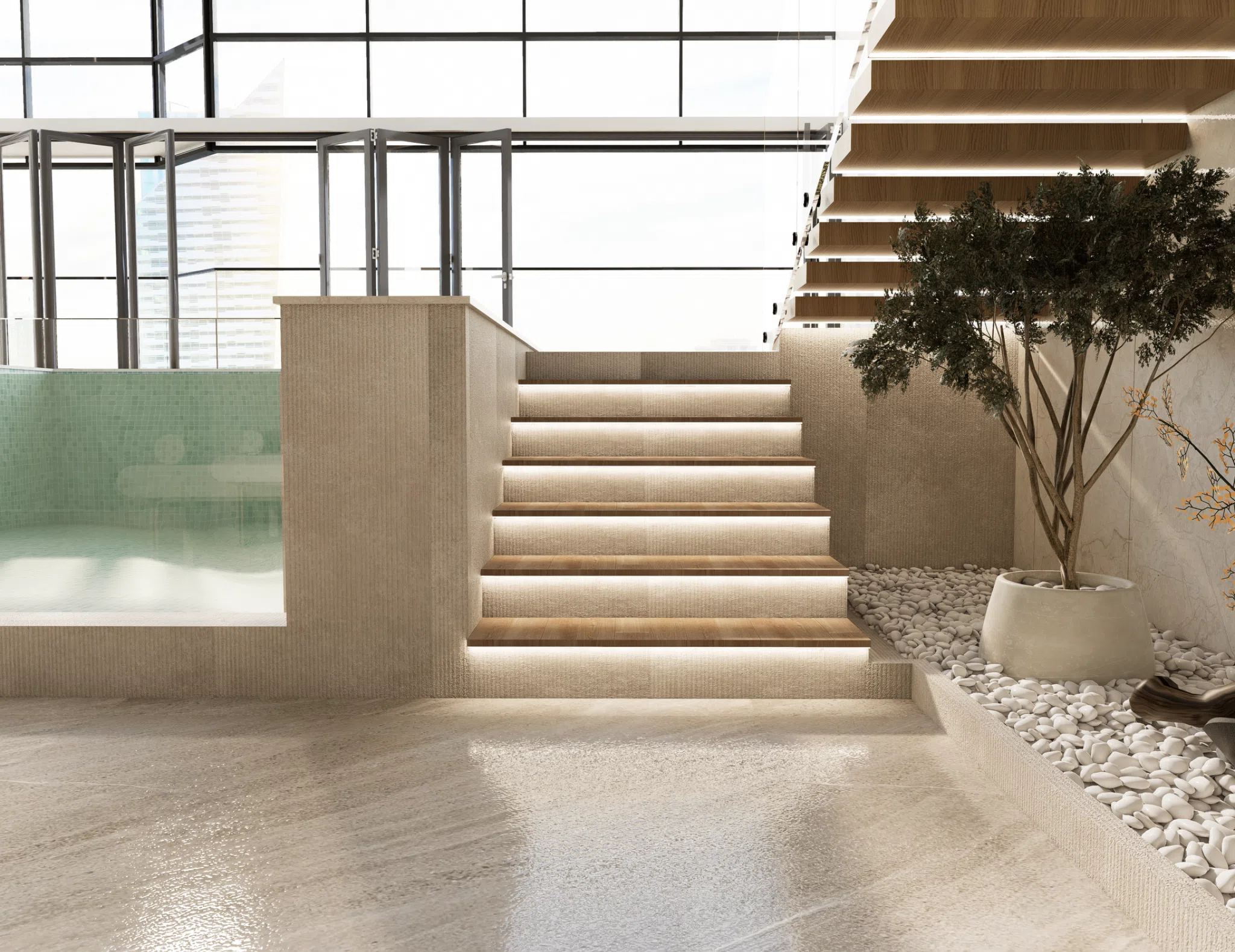 Illuminated steps beside the indoor pool and planted atrium