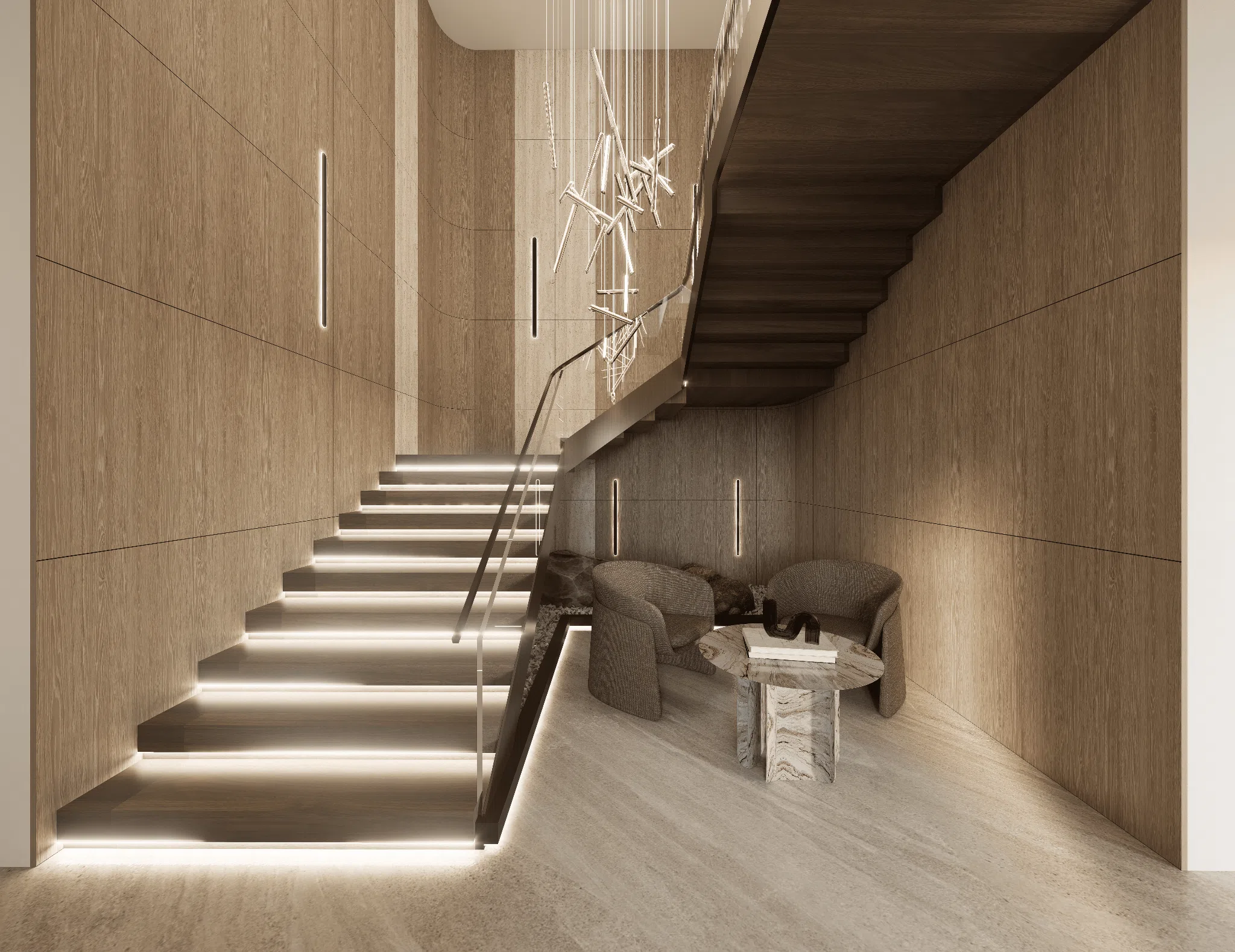 Curved timber stair with integrated lighting and lounge below