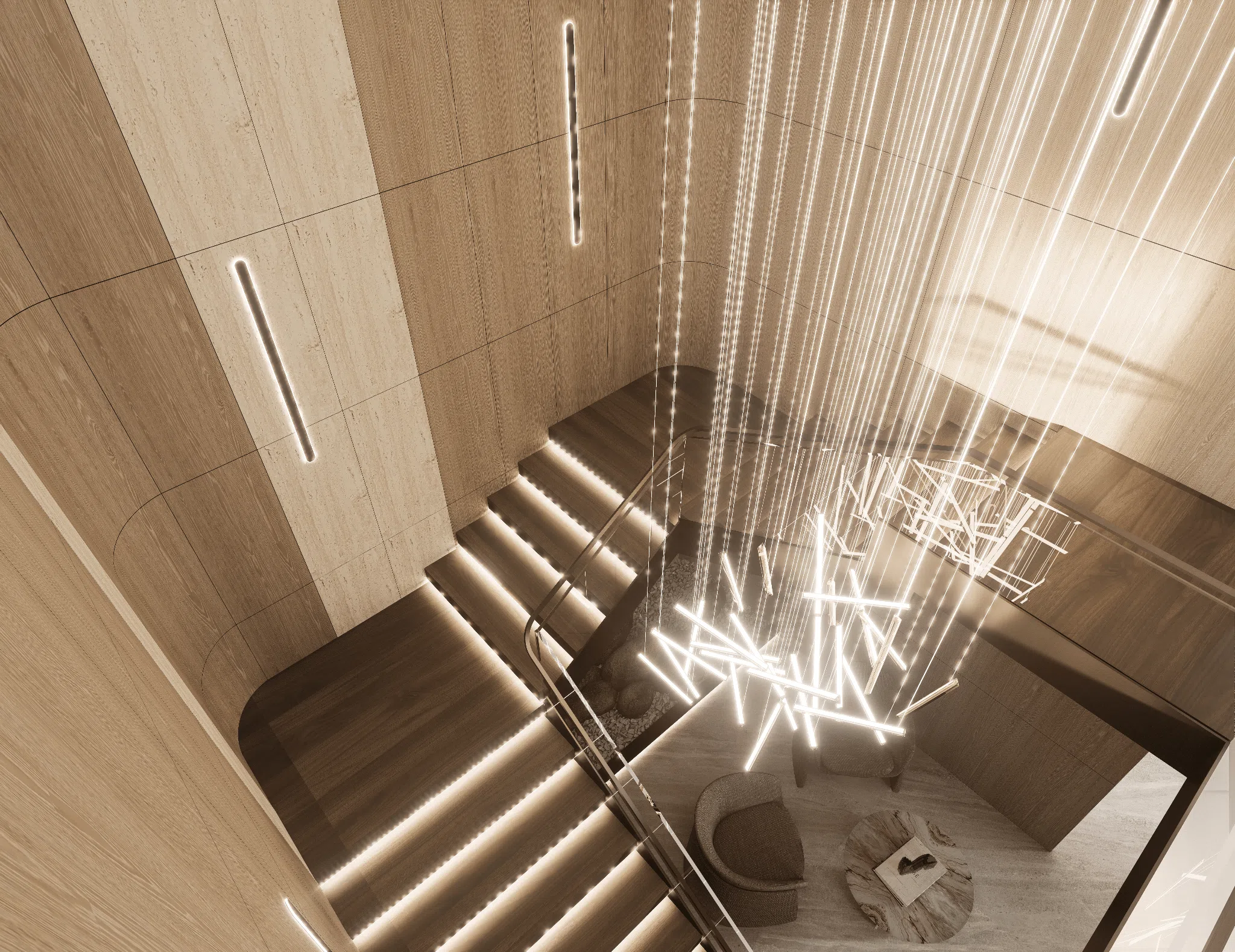 Sculptural chandelier descending through the stair void