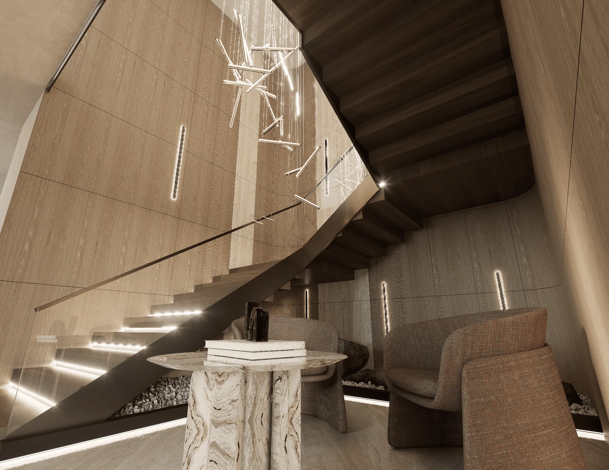 Intimate lounge positioned beneath the stair