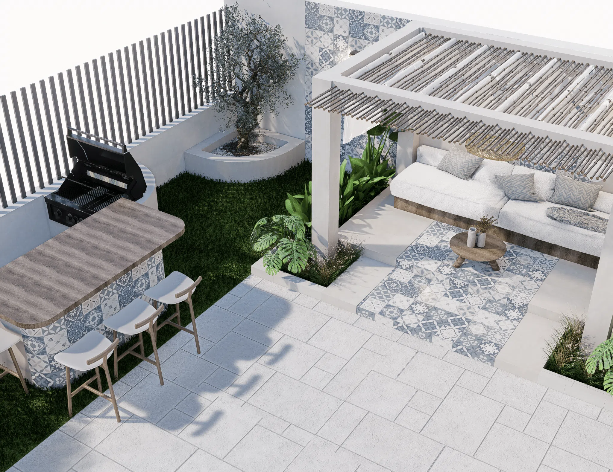 Landscaped rooftop terrace with pergola and outdoor kitchen