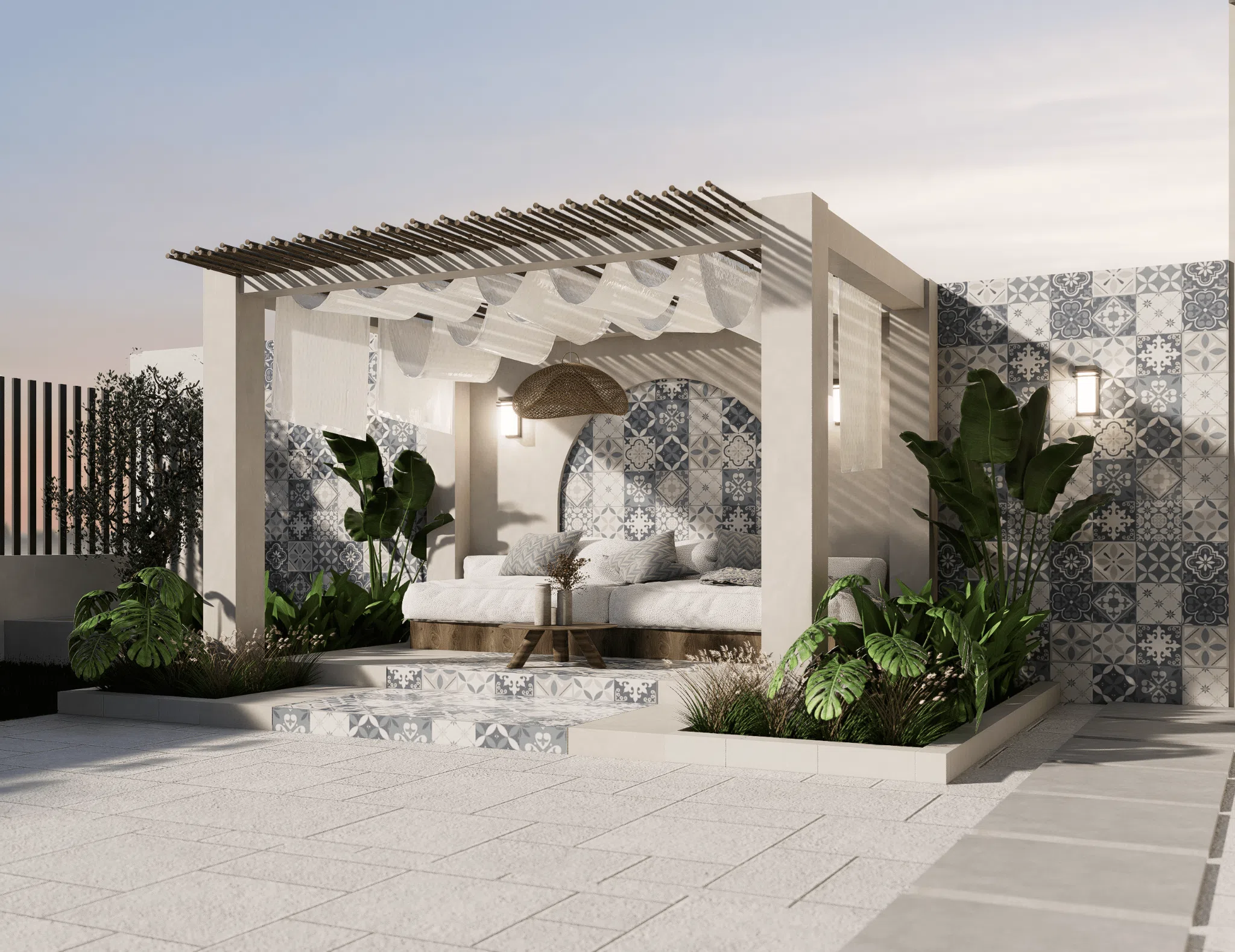 Shaded outdoor lounge pavilion with patterned tile feature wall