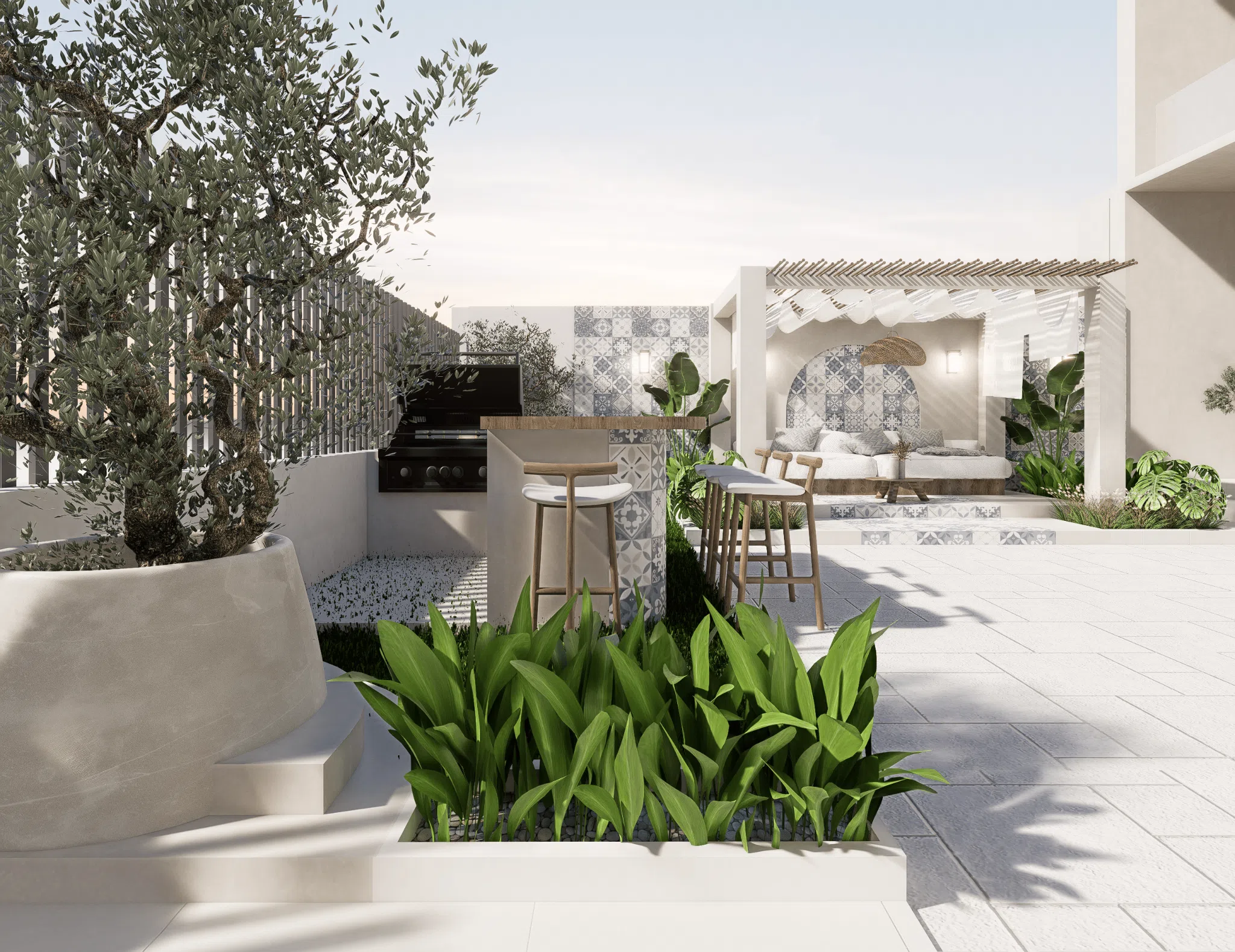 Outdoor bar and planted terrace arranged as connected rooms