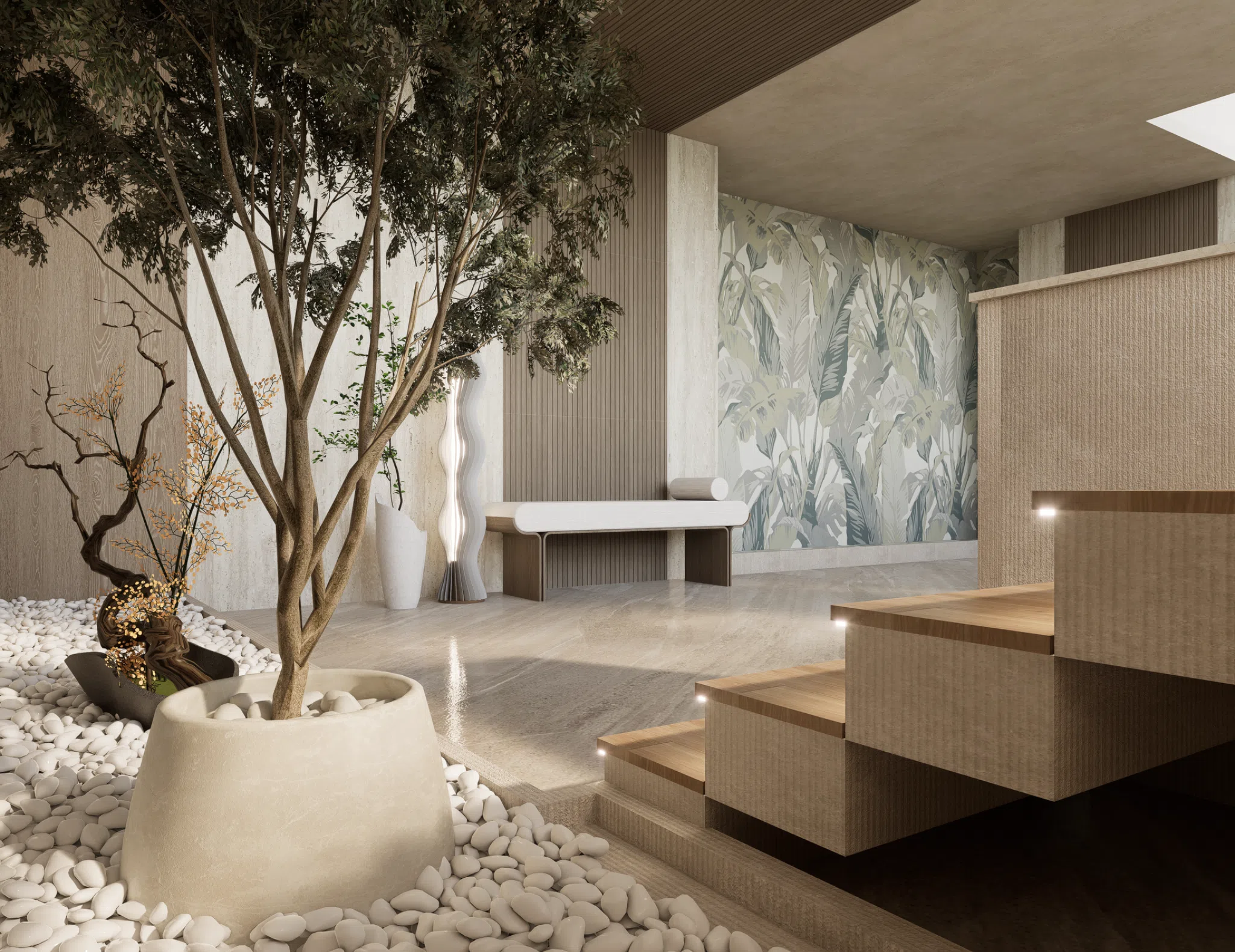 Wellness lounge beside mature planting and textured stone