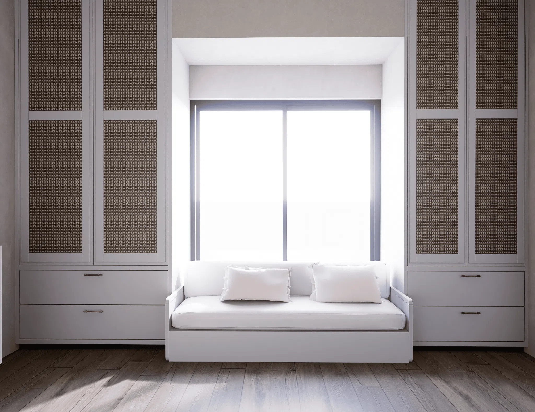 Window seat framed by bespoke cabinetry